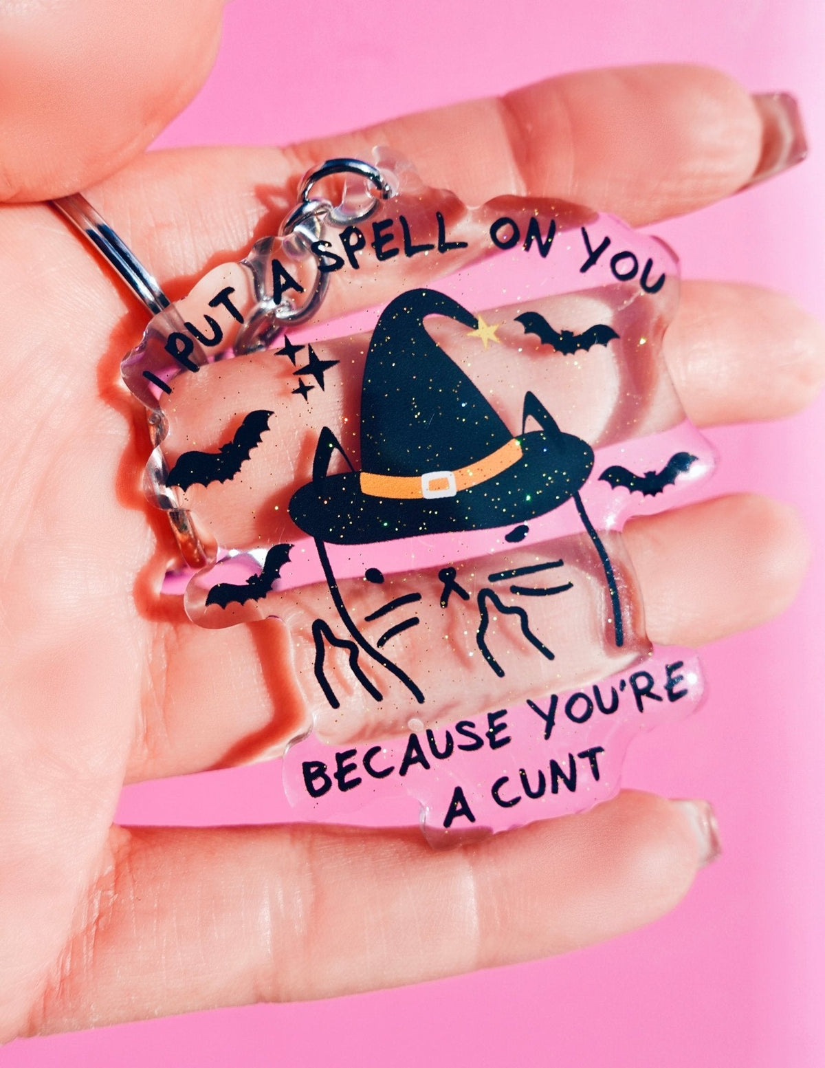 Funny Cat wizard acrylic keychain, black hat cat graphic with spell text