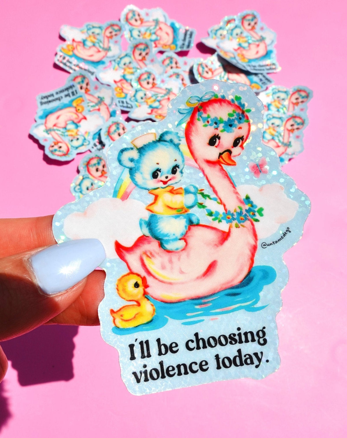 Funny Cartoon girl riding blue mouse sticker with rainbow confetti and 'I'll be choosing violence today' text