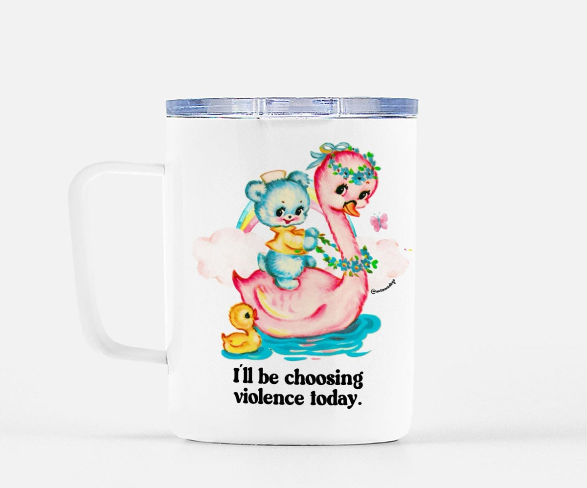 Funny "I'll Be Choosing Violence Today" — White mug with blue rim, colorful kitten and girl graphic, 'I'll be choosing violence today.'