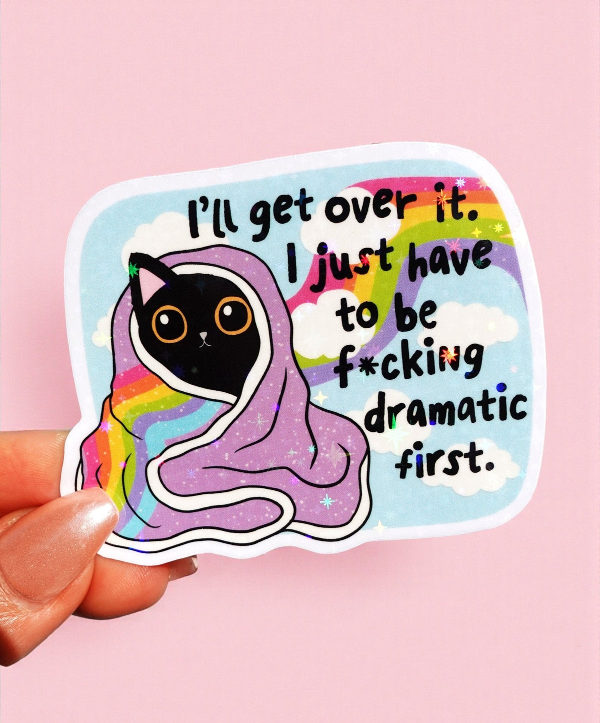Funny Cat themed sticker with bold text and pastel rainbow background, die-cut rectangular