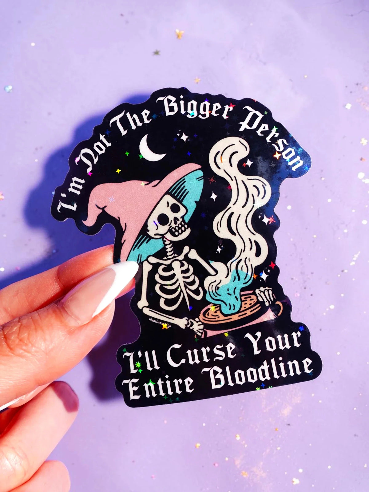 Funny Halloween-style curse sticker with skeleton and text "I'll Curse Your Entire Bloodline"