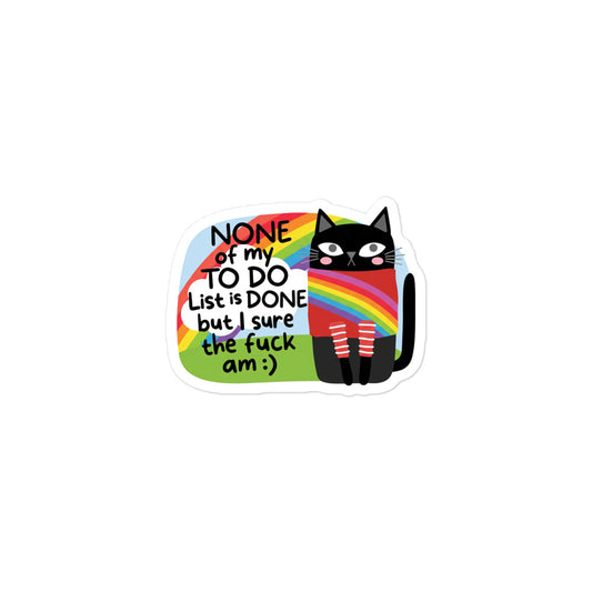 Funny Bubble-free sticker with black cat in front of rainbow stripes and quote text