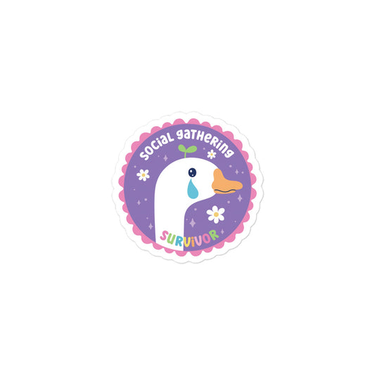 Funny Smaller round purple duck sticker with 'Social gathering' and 'Survivor' text