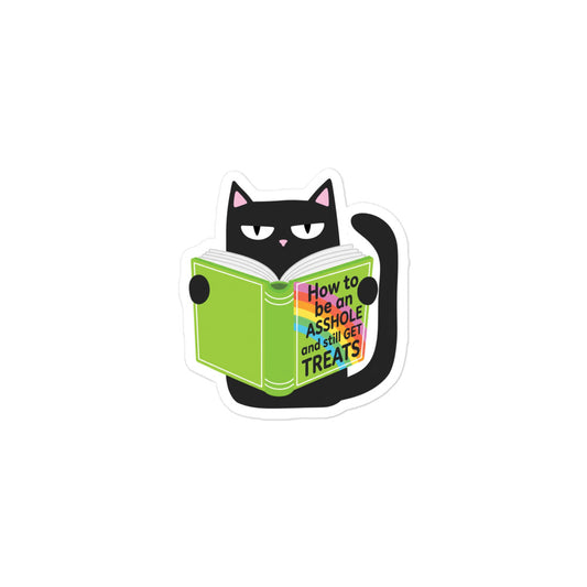 Funny Bubble-free cat reading book sticker with open green book and rainbow text, centered