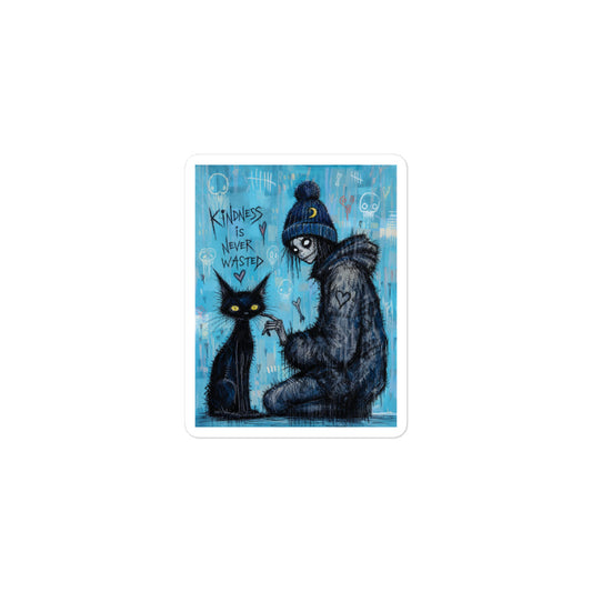 3 x 3 inch 'Kindness Is Never Wasted' goth sticker featuring a girl in a moon beanie petting a black cat on a blue background, with the words "Kindness is never wasted"