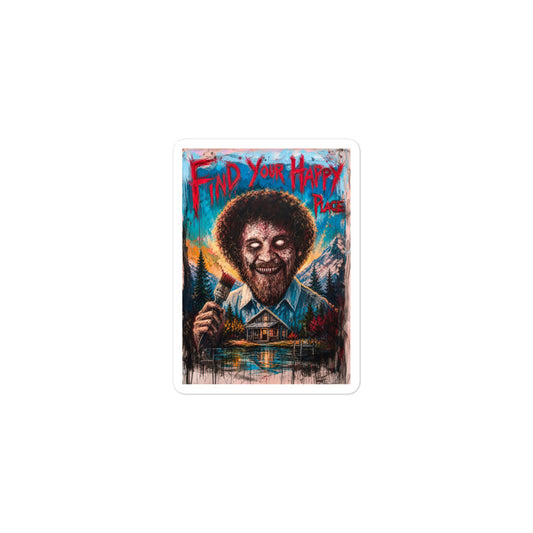 3 x 3 inch 'Find Your Happy Place' goth sticker featuring a zombie painter with a curly afro holding a paintbrush in front of a lakeside cabin, with the words "Find your happy place"