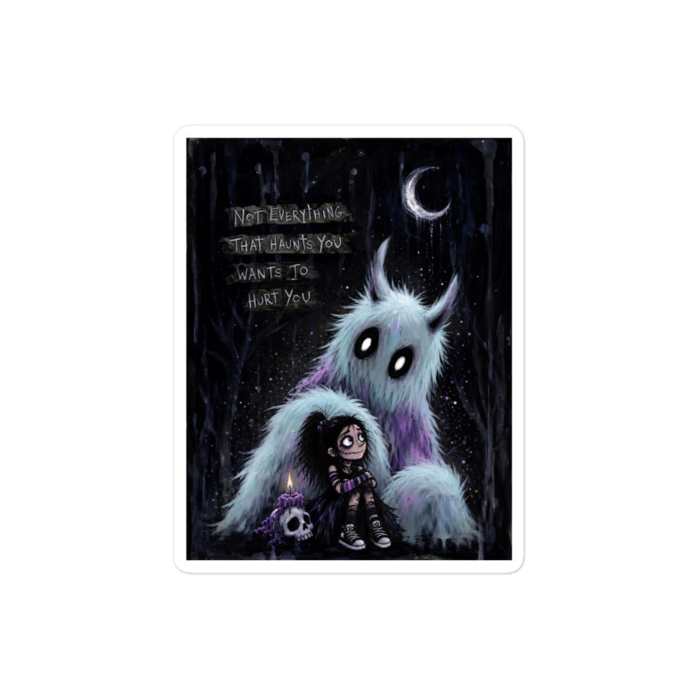 4 x 4 inch 'The Haunted' goth sticker featuring a little goth girl holding a candle beside a fuzzy blue monster under a crescent moon, with the words "Not everything that haunts you wants to hurt you"