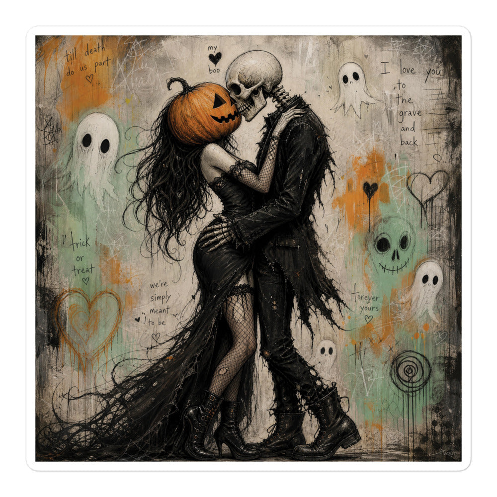 5.5 x 5.5 inch 'Everlasting Love' goth sticker featuring a pumpkin-headed skeleton embracing a woman in a flowing black dress, surrounded by ghosts