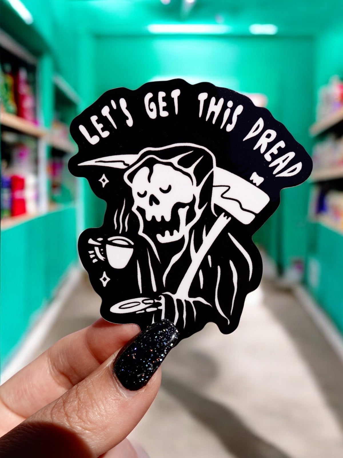 Funny Black and white dread sticker with skull holding a drink and curved banner text