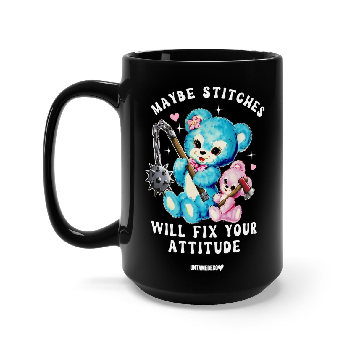 Funny "Maybe Stitches Will Fix Your Attitude" — Black ceramic mug with blue bear graphic and text 'fix your attitude'