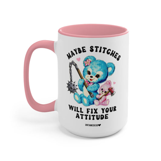 Funny "Maybe Stitches Will Fix Your Attitude" — White ceramic mug with pink handle, 'Maybe Stitches Will Fix Your Attitude' text
