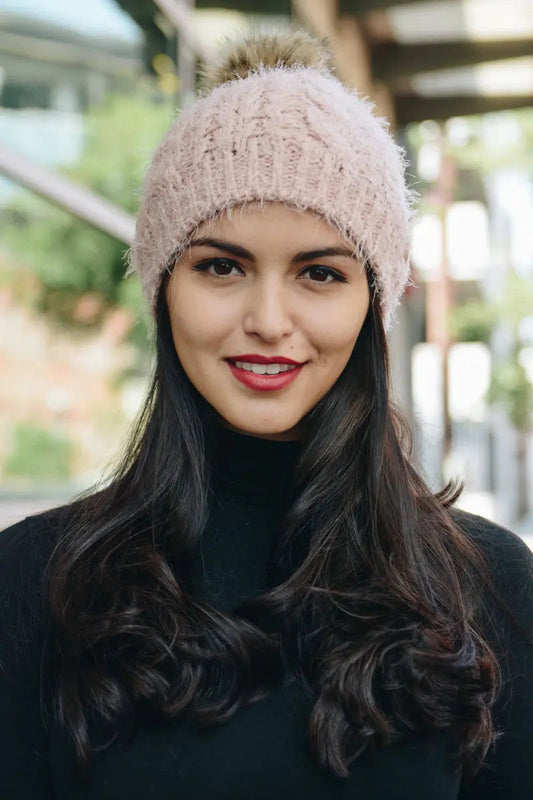 Mohair Fur Knit Pom Beanie, cozy knit winter hat