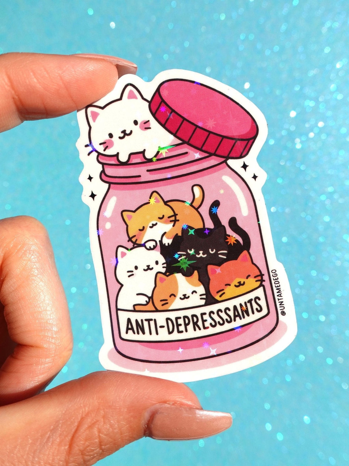 Funny Kawaii glitter cat vinyl sticker with multiple cats and 'ANTI-DEPRESSANTS' text