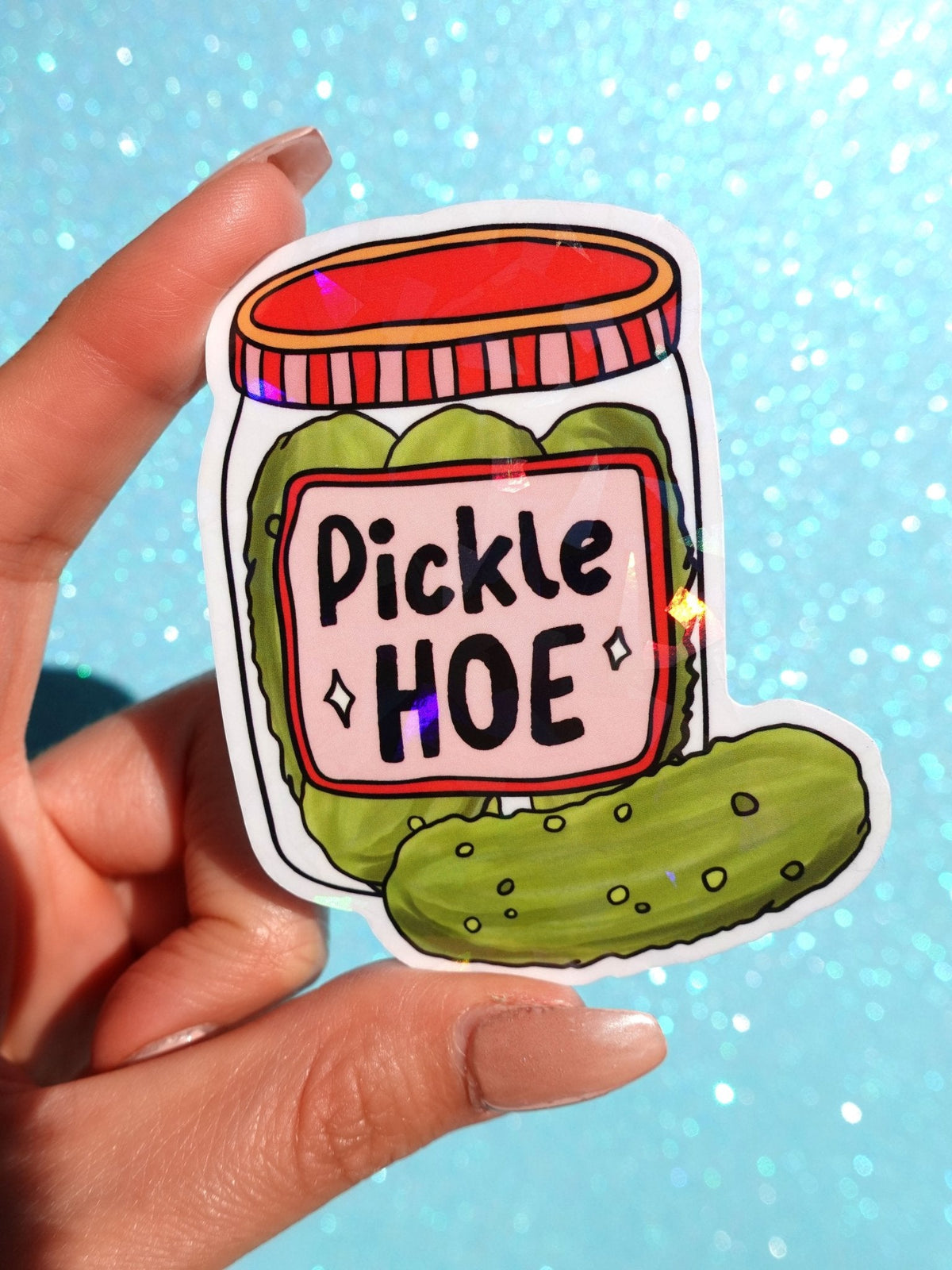 Funny Cartoon pickle jar sticker with red lid and 'Pickle HOE' label