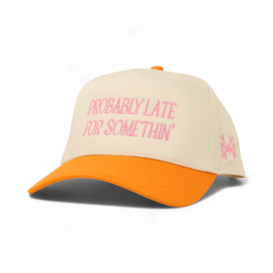 Probably Late Funny Embroidered Snapback Hat in Retro Orange/Natural – Ivy + Cloth