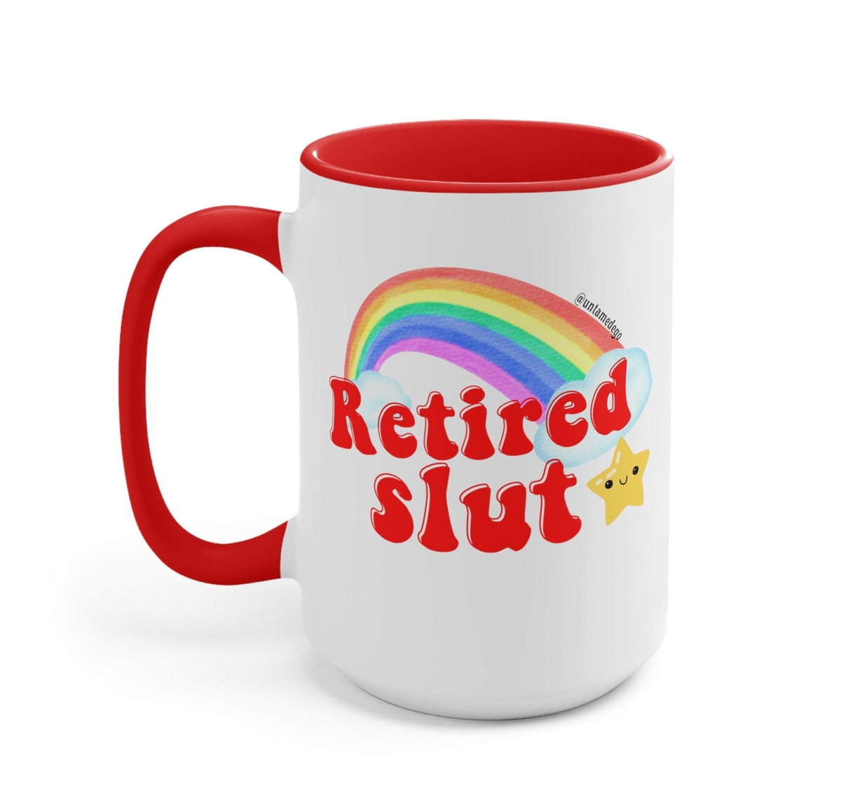 Funny "Retired Slut" — White ceramic mug with red rim, handle, rainbow Retired Slut text and star