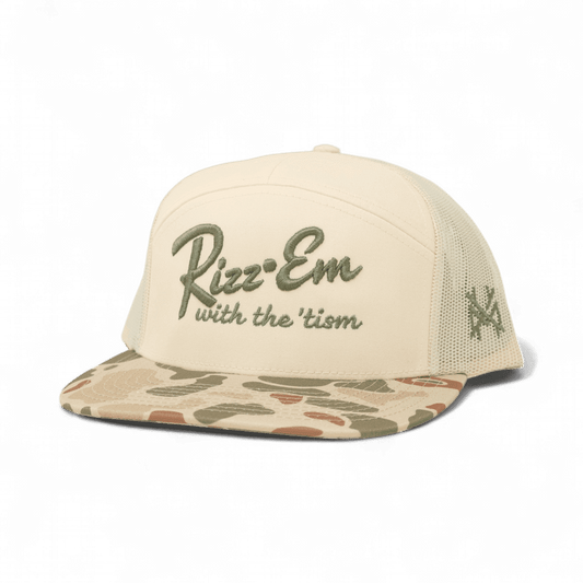 Rizz Em With The Tism Funny Embroidered Snapback Hat in 7 Panel Harvest Duck Camo/Cornstalk/Harvest Duck Camo – Ivy + Cloth