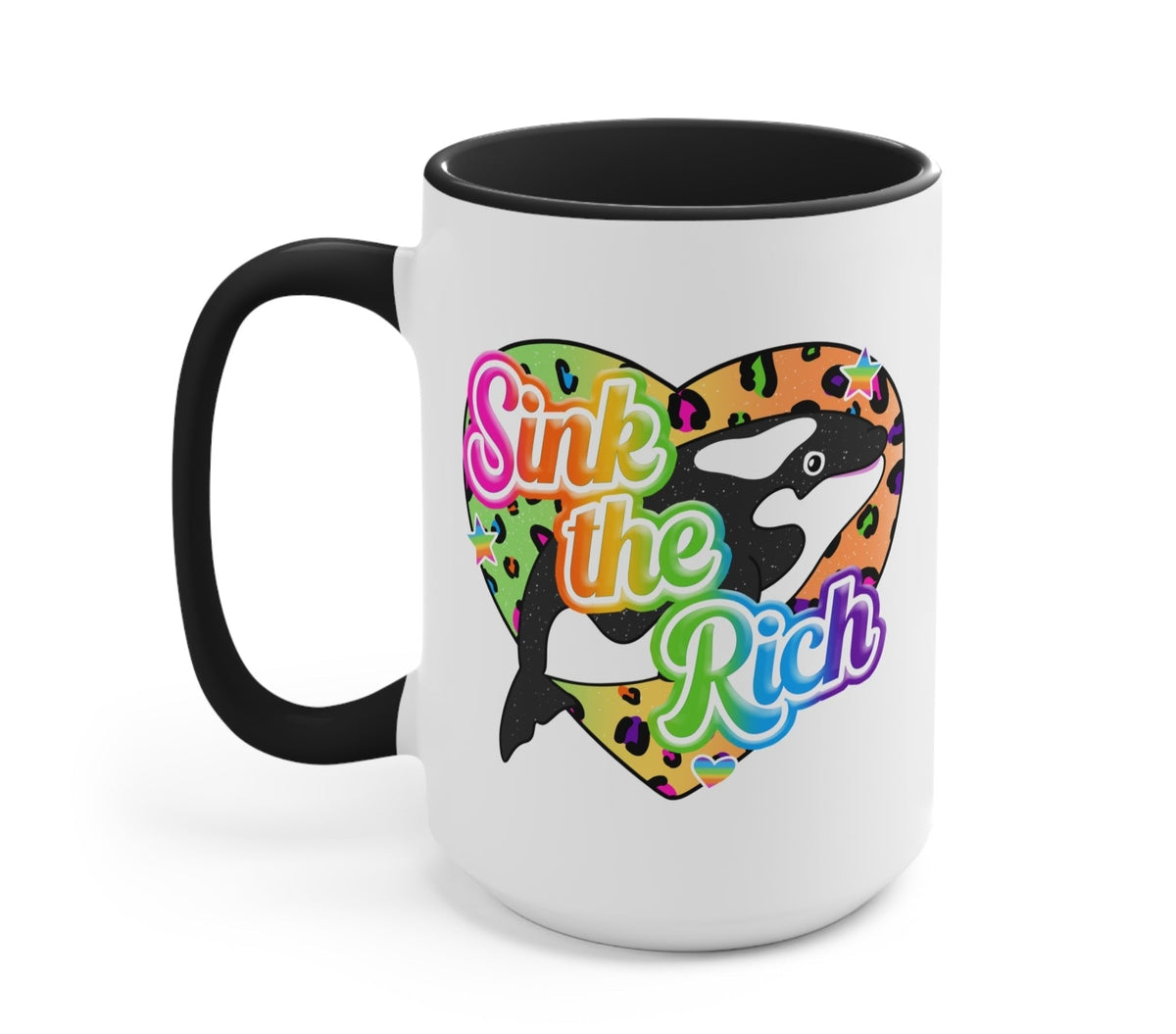 Funny "Sink The Rich" — White ceramic mug with black interior and handle, colorful 'Sink the Rich' orca graphic.