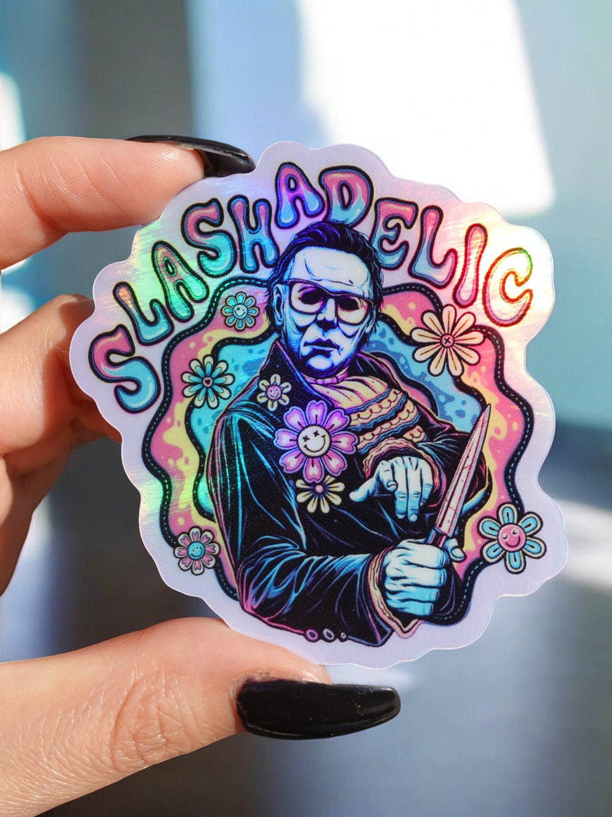 Funny Holographic Halloween sticker with stylized skull nun figure and colorful ornate lettering