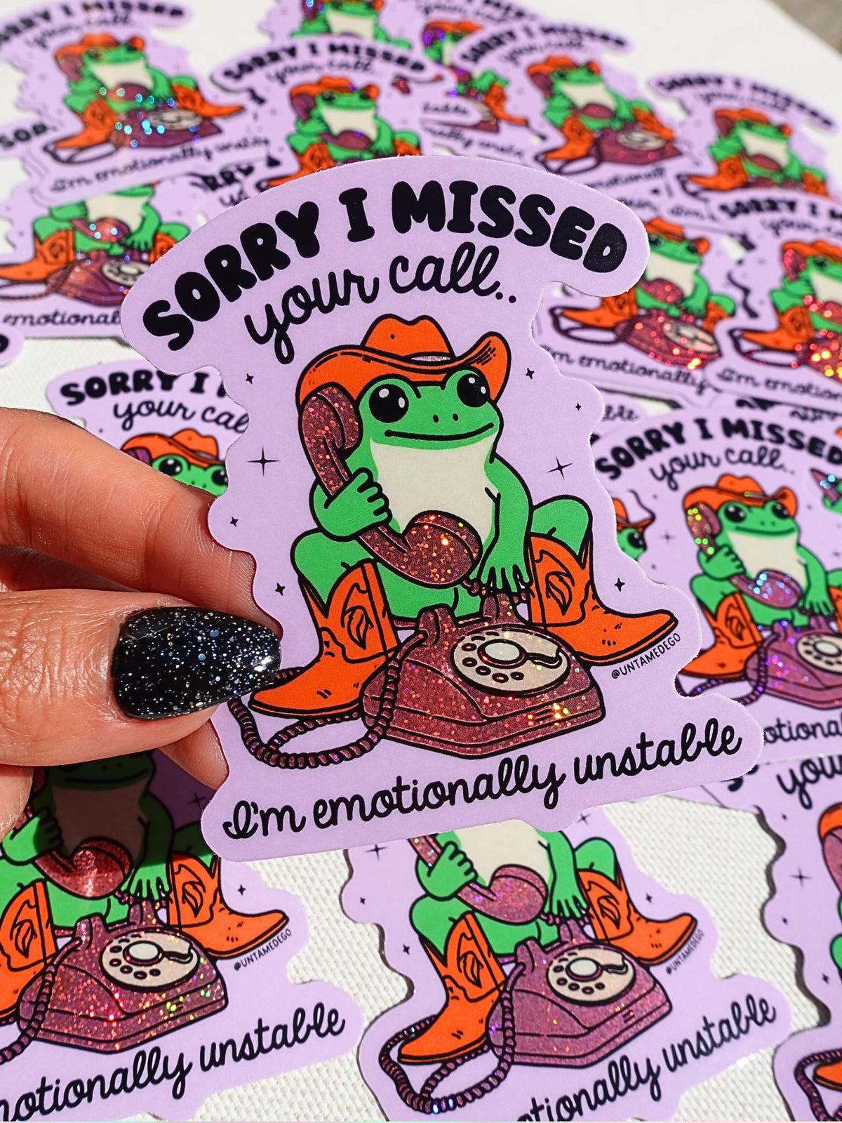 Funny Sheet of cartoon frog phone stickers repeated with 'Sorry I missed your call' text