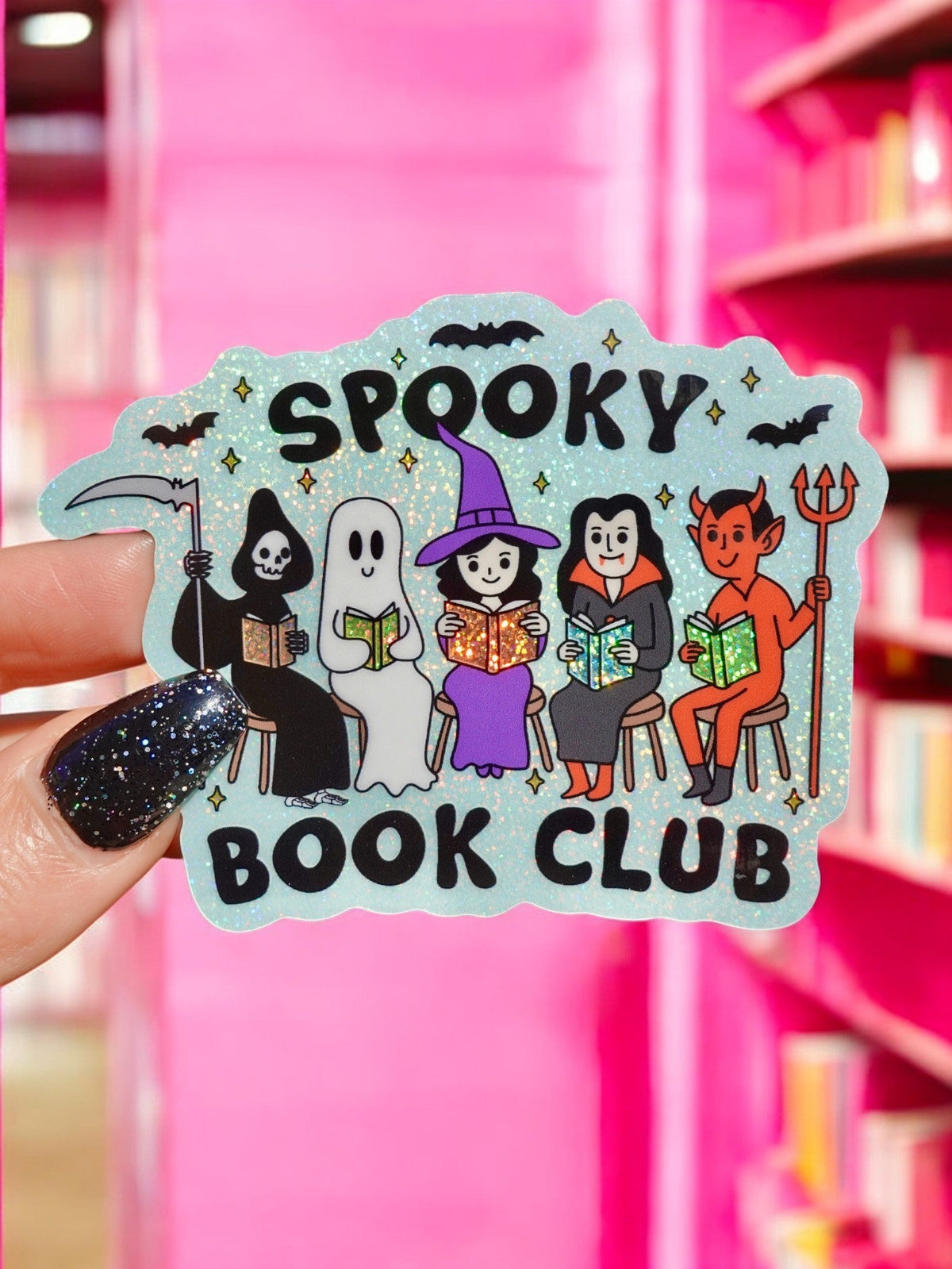 Funny Halloween sticker with 'Spooky Book Club' text and spooky characters, bats and witch