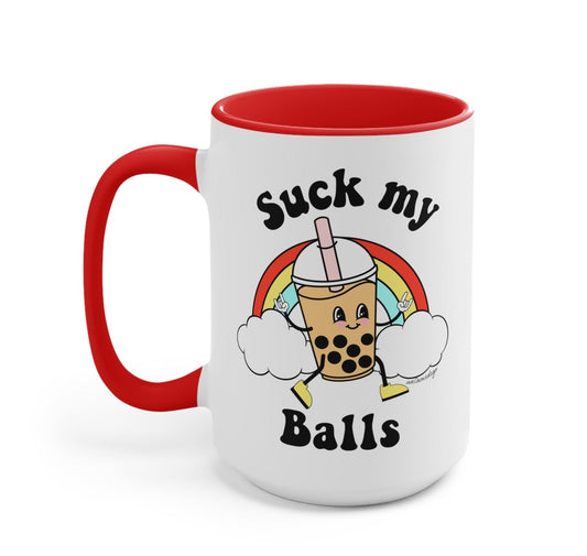 Funny "Suck My Balls Boba Exclusive" — Ceramic mug with bubble tea character graphic, red handle and rim