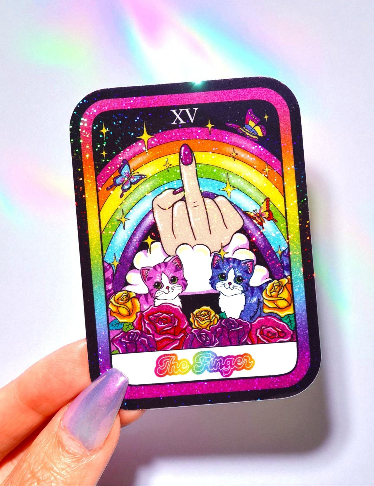 Funny Tarot card sticker with raised middle finger, rainbow, roses, two mice, purple glitter border