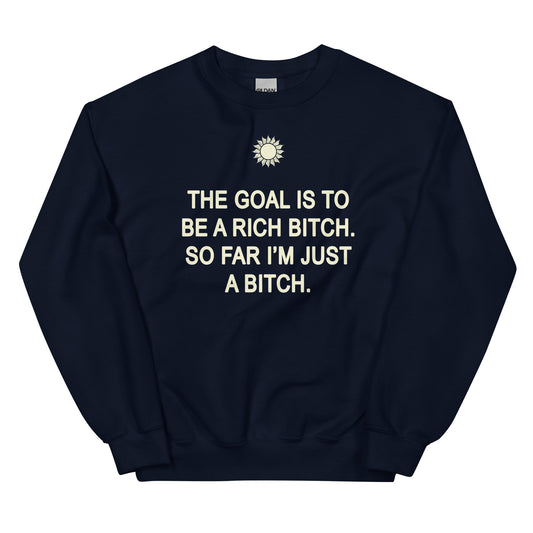 Unisex navy crewneck sweatshirt with sun icon and slogan text graphic on front.