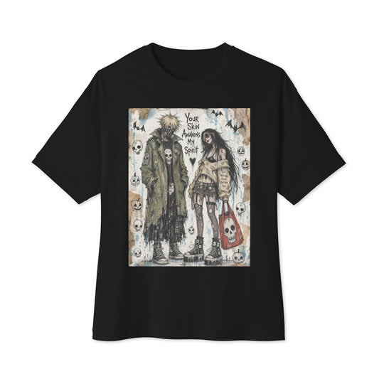 Black oversized boxy tee with the 'Your Skin Awakens My Spirit' goth graphic: a grunge zombie couple standing together, with the words "Your skin awakens my spirit"