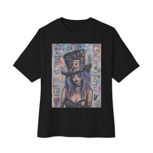 Black oversized boxy tee with the 'The Real Alice' goth graphic: a goth girl with blue and purple hair in a patched top hat, with the words "Not all dolls are pretty"
