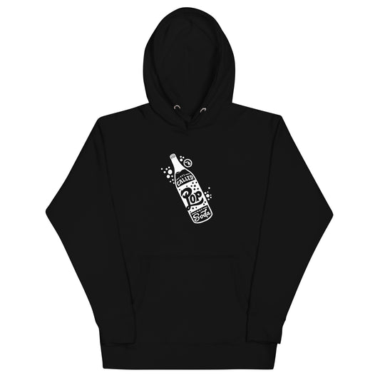 Unisex hoodie in black with hood, drawstrings, front pocket, and white Pop graphic