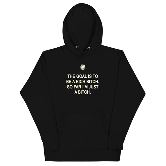 Black unisex pullover hoodie with hood drawstrings, front pocket, and chest graphic print.