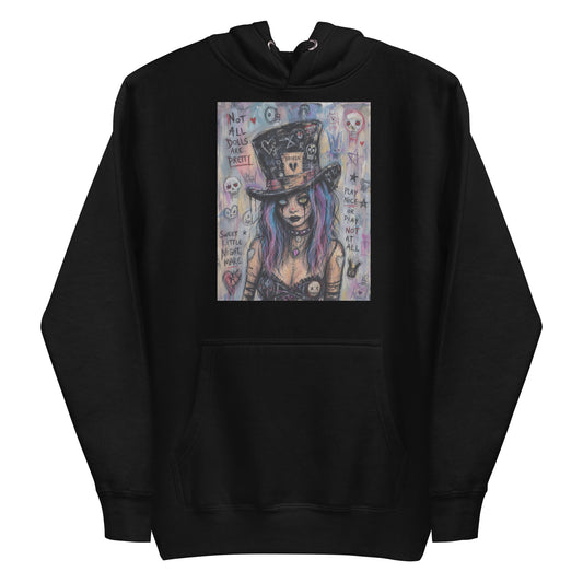 Black pullover hoodie with the 'The Real Alice' goth graphic: a goth girl with blue and purple hair in a patched top hat, with the words "Not all dolls are pretty"