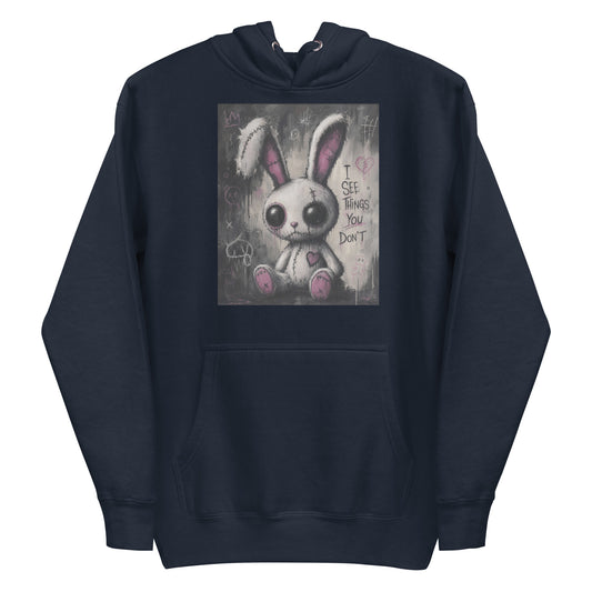 Navy pullover hoodie with the 'I See Things You Don't' goth graphic: a stitched white bunny with hollow eyes, with the words "I see things you don't"
