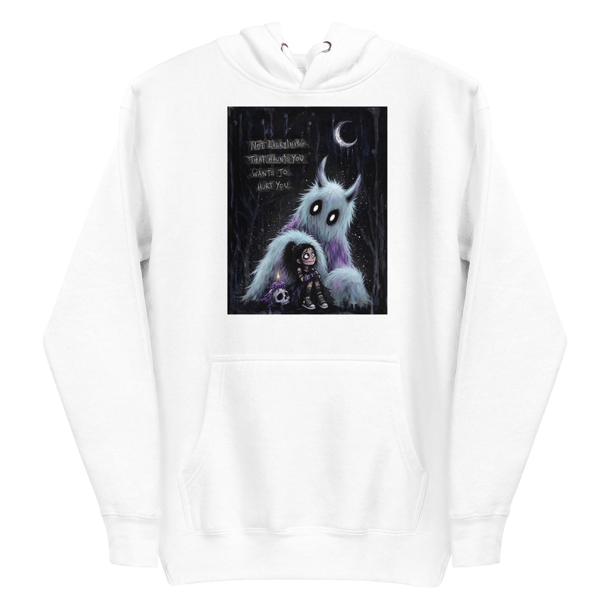 White pullover hoodie with the 'The Haunted' goth graphic: a little goth girl holding a candle beside a fuzzy blue monster under a crescent moon, with the words "Not everything that haunts you wants to hurt you"