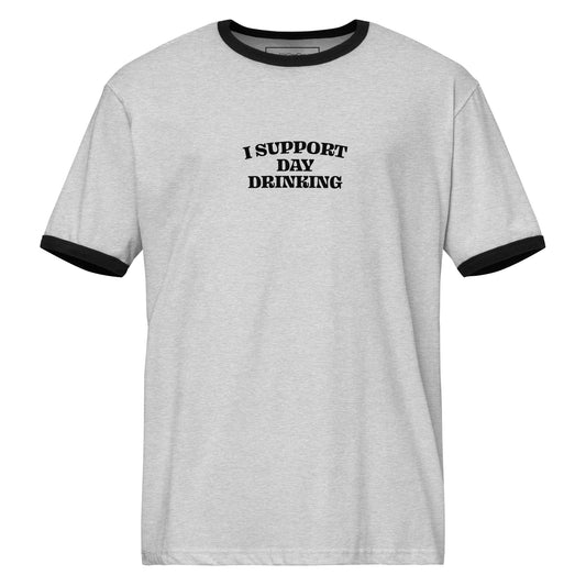 Unisex heather gray ringer t-shirt with black trim and 'I SUPPORT DAY DRINKING' graphic