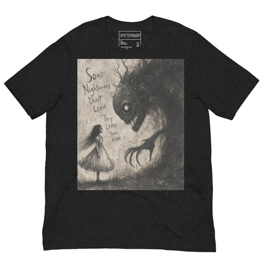 Black heather unisex t-shirt with the 'Nightmares' goth graphic: a girl in a white dress facing a shadowy clawed monster, with the words "Some nightmares don't leave, they learn your name"