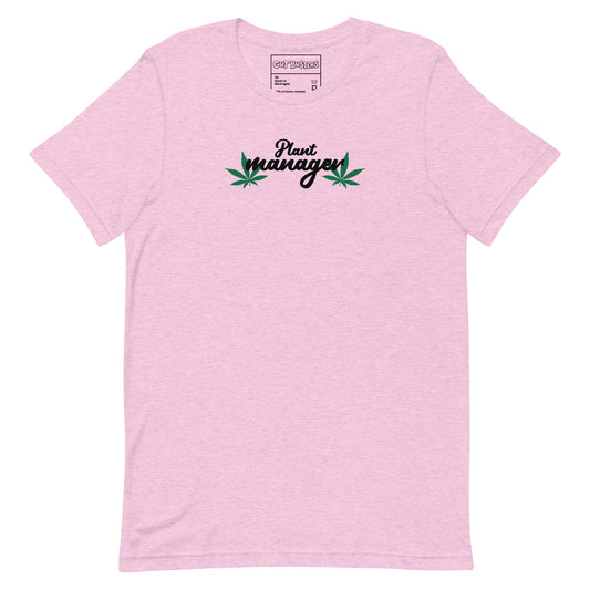 Funny "I Have A Job! I'm A Plant Manager" graphic printed on a heather prism lilac unisex tee, front view