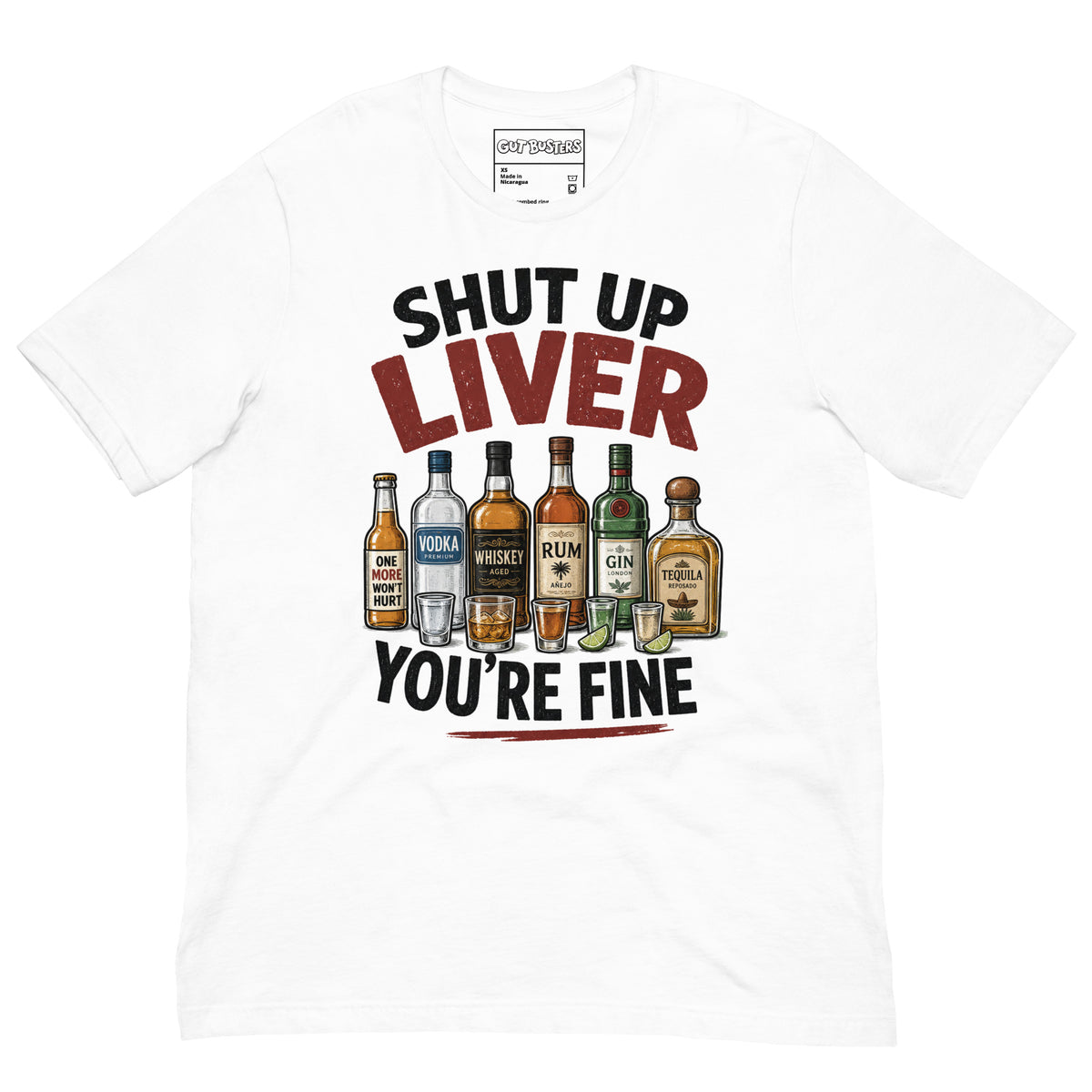 Funny "My Drinking Shirt" graphic printed on a white unisex tee, front view