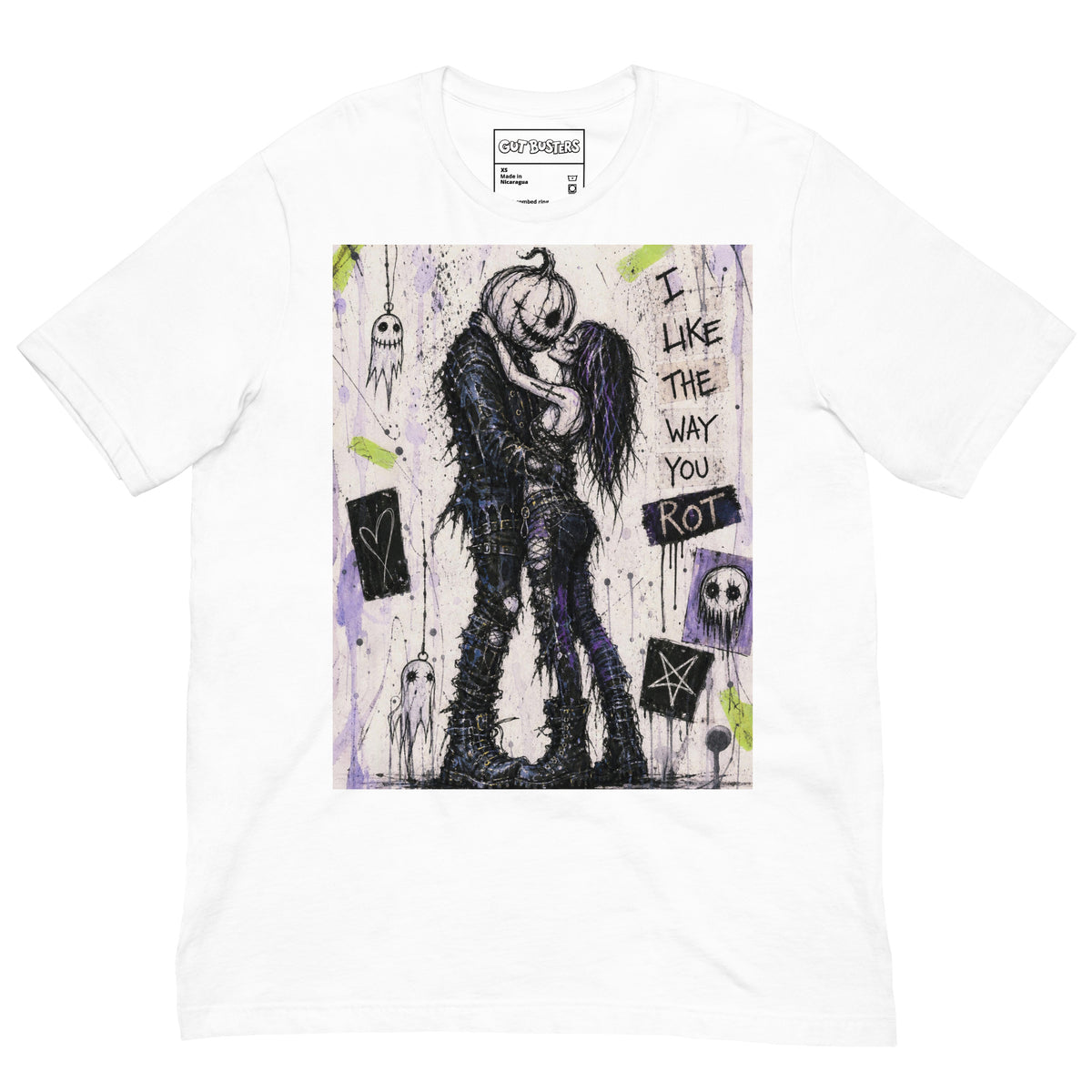 White unisex t-shirt with the 'I Like The Way You Rot' goth graphic: a pumpkin-headed zombie kissing a purple-haired goth girl, with the words "I like the way you rot"