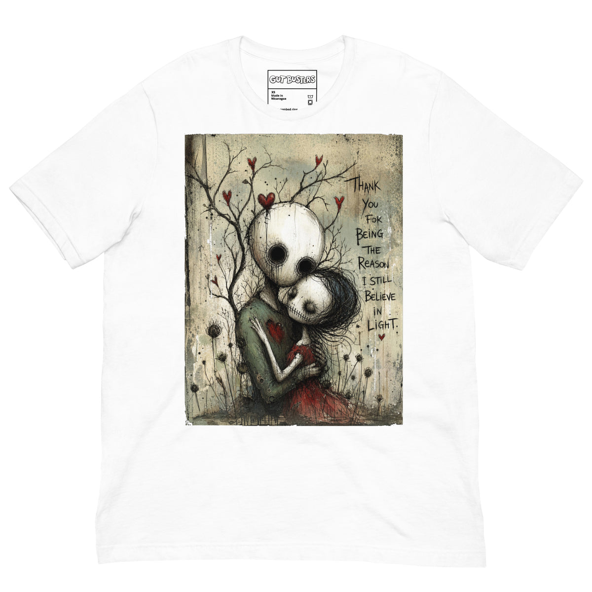 White unisex t-shirt with the 'My Light In Dark Places' goth graphic: a skull-faced couple embracing under a bare tree with red hearts, with the words "Thank you for being the reason I still believe in light"