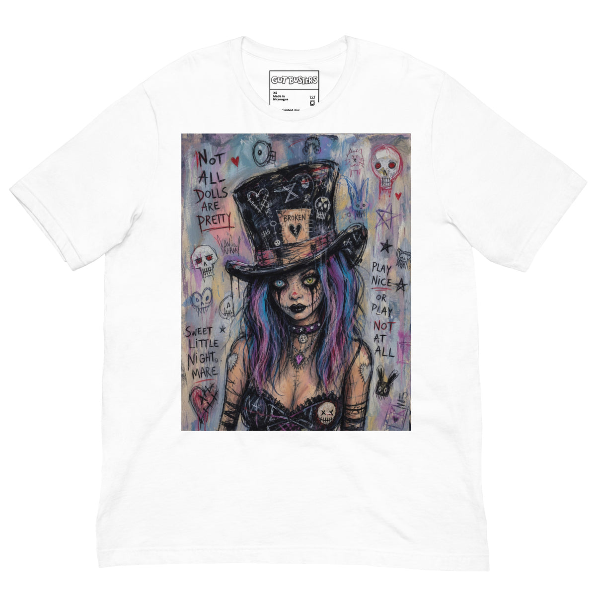 White unisex t-shirt with the 'The Real Alice' goth graphic: a goth girl with blue and purple hair in a patched top hat, with the words "Not all dolls are pretty"