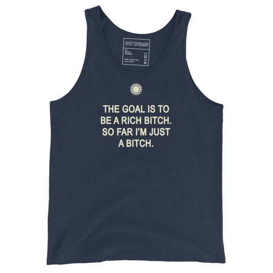 Navy unisex tank top with front slogan graphic and crew neck binding