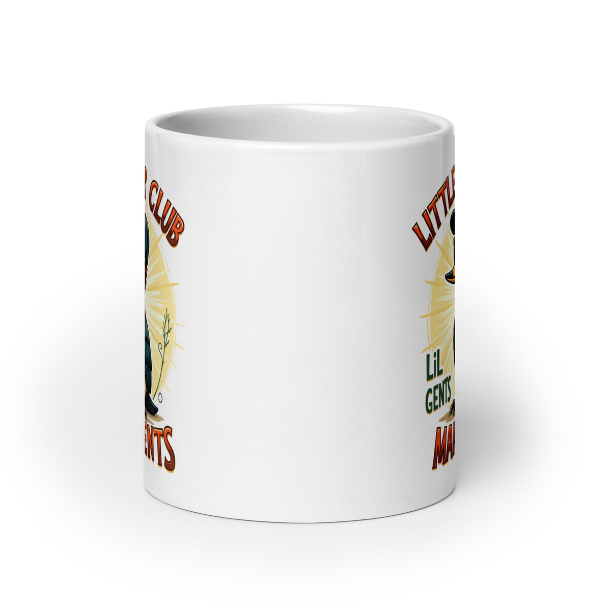 White glossy mug showing partial “Little Pecker Club” and “Lil Gents” print