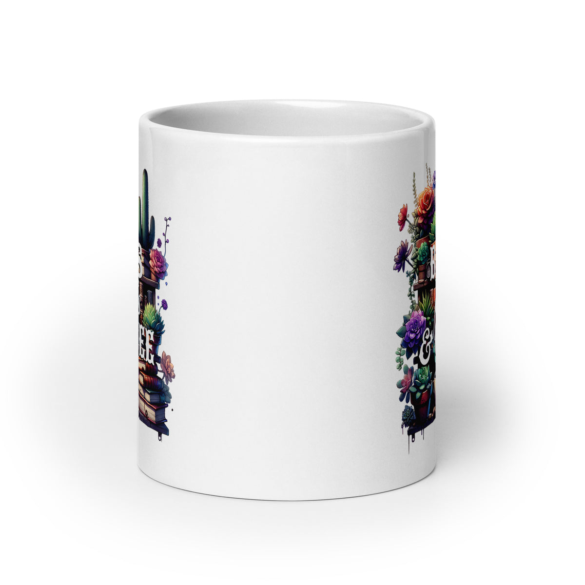 White glossy mug side view with partial “BOOKS plants & COFFEE” print