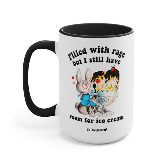 Funny 'Filled With Rage But I Still Have Room For Ice Cream' mug, a white elephant gift under $25