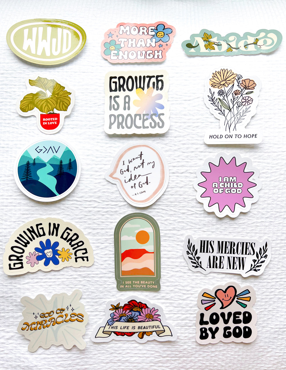 Collection of colorful Christian Stickers featuring inspirational messages and nature designs