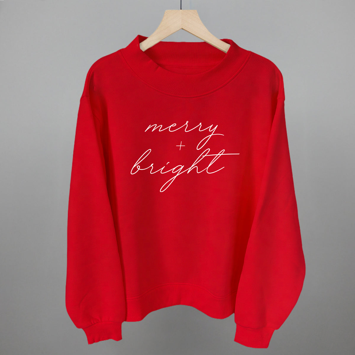 Merry And Bright White Script Funny Oversized Fleece Mockneck Sweatshirt in Red – Ivy + Cloth