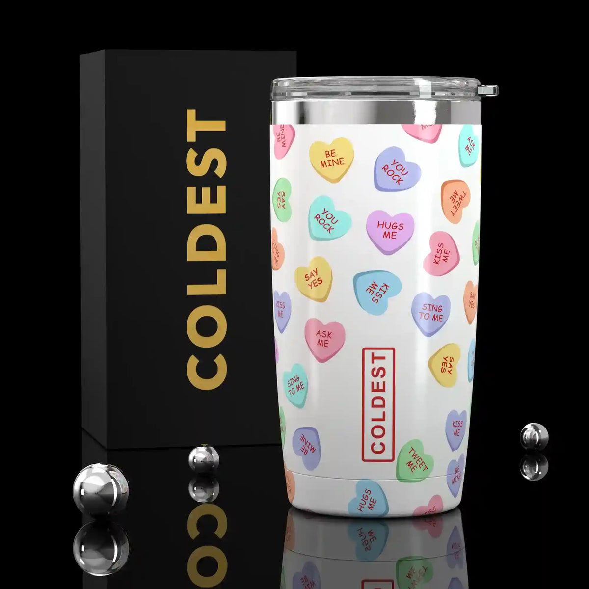 COLDEST 20oz insulated coffee tumbler v2 in Candy Hearts Ultra design