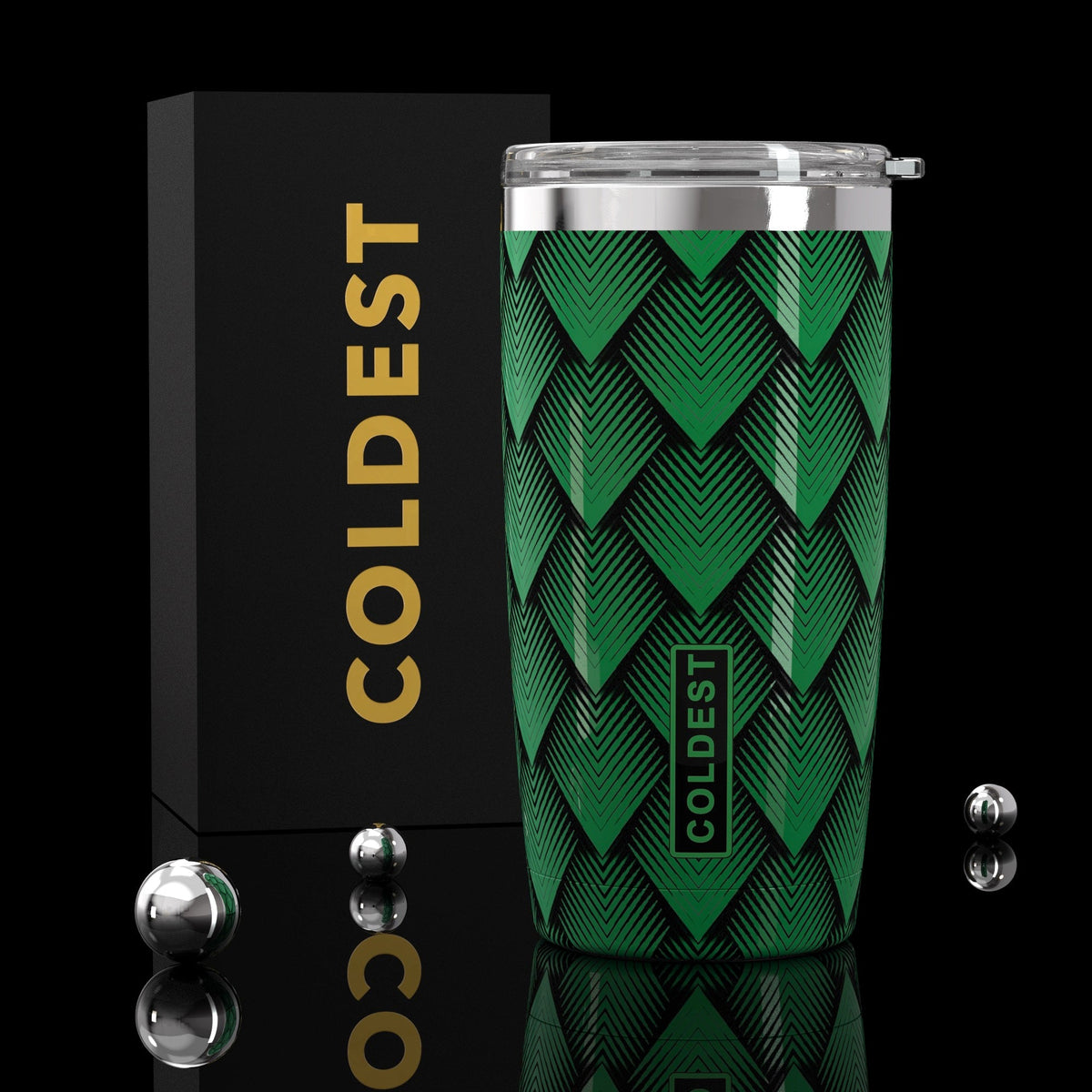 COLDEST 20oz insulated coffee tumbler v2 in Green Dragon Ultra design